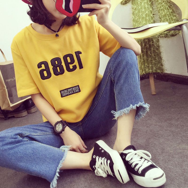 Áo Thun Tay Ngắn Dáng Rộng Cổ Tròn Hoạ Tiết In Kỹ Thuật Số Phong Cách Harajuku