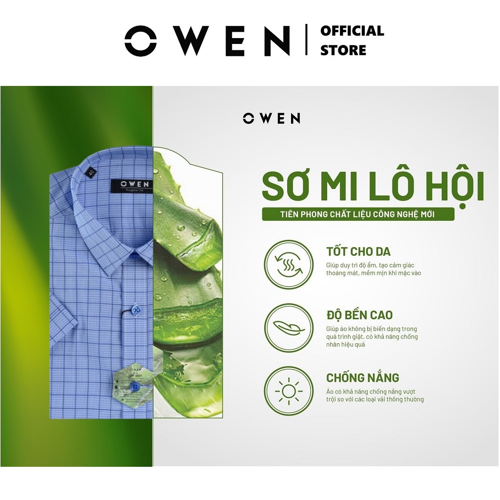 Áo Sơ Mi Nam Ngắn Tay Owen AR22947NT Somi Cộc Tay Công Sở Cao Cấp Màu Xanh Kẻ Caro Vải Lô Hội Mềm Mát Dáng Suông Có Túi