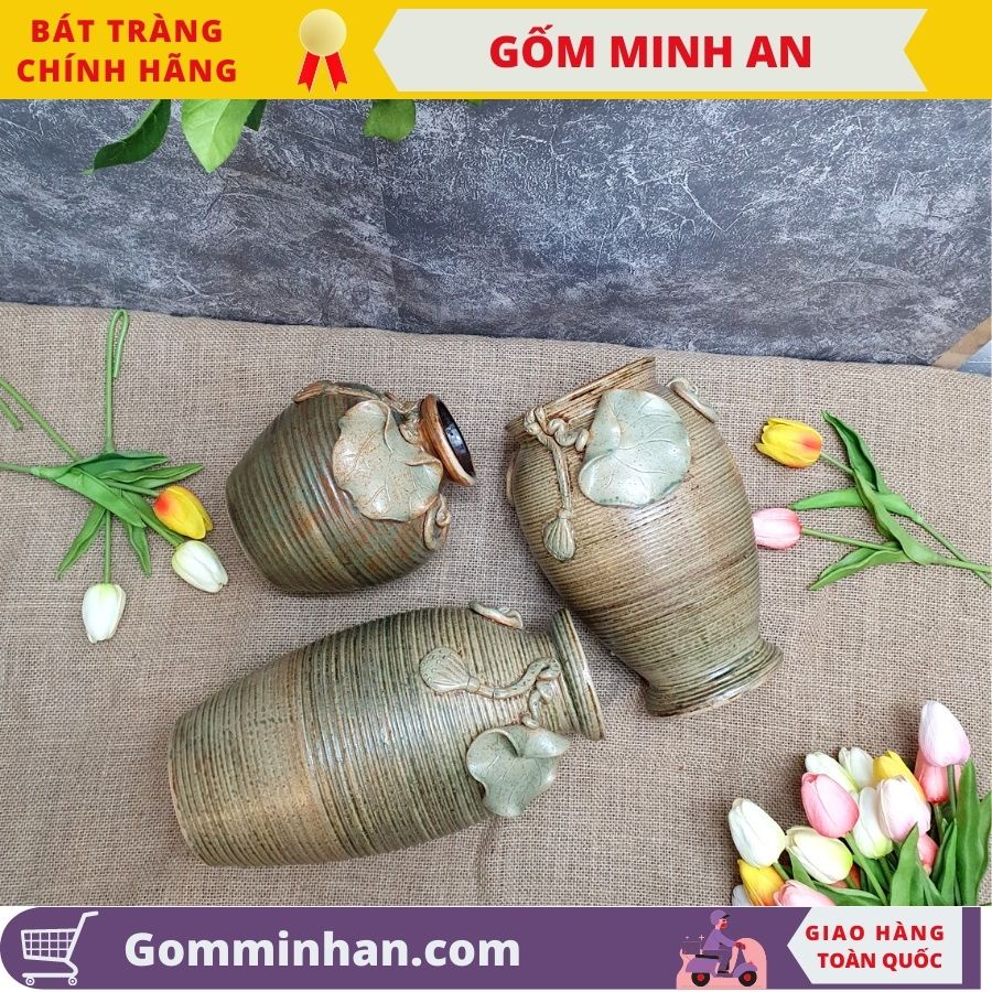 Bình Hoa Lọ Hoa Decor Gốm Mộc Đắp Sen Dáng Nhỏ Cắm Hoa Hồng Hoa Cúc Gốm Bát Tràng- Gốm Minh An