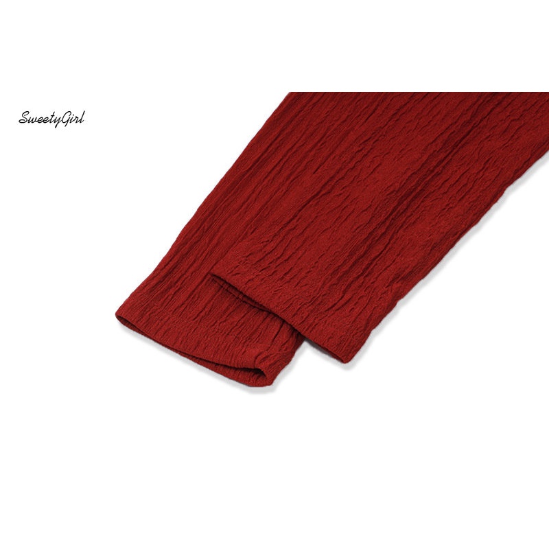 Áo Croptop Dệt Kim Tay Dài Cổ Chữ U Màu Đỏ Trơn Thời Trang 2022 Quyến Rũ Cho Nữ