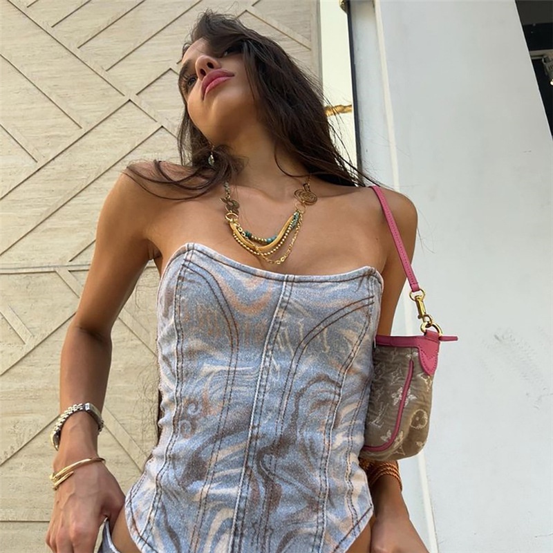 Áo Denim Trễ Vai Kẻ Sọc Thời Trang Đường Phố Cá Tính Cho Nữ