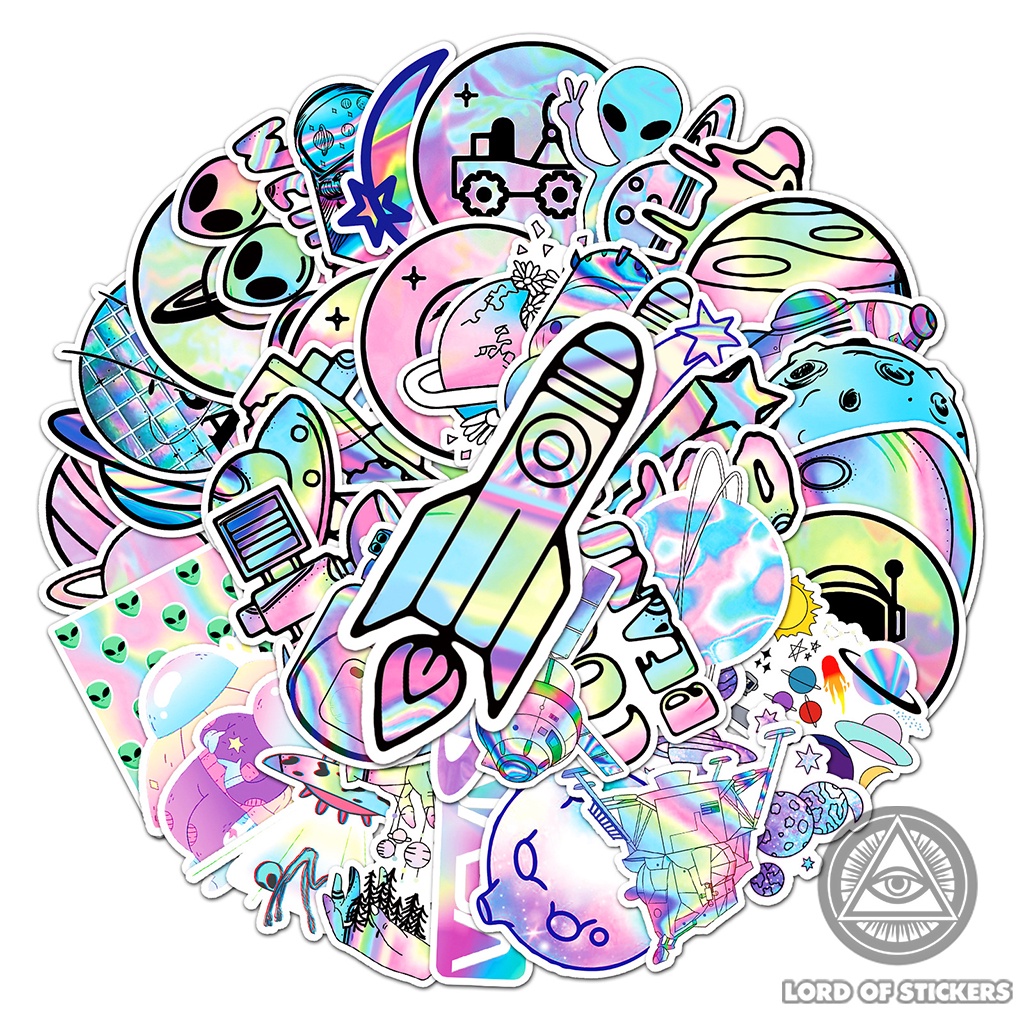 Set 50 Nhãn Dán Chủ Đề Vũ Trụ Sticker Cute Holographic Phong Cách Hoạt Hình Chống Thấm Nước Dán Mũ Bảo Hiểm, Laptop, Sổ