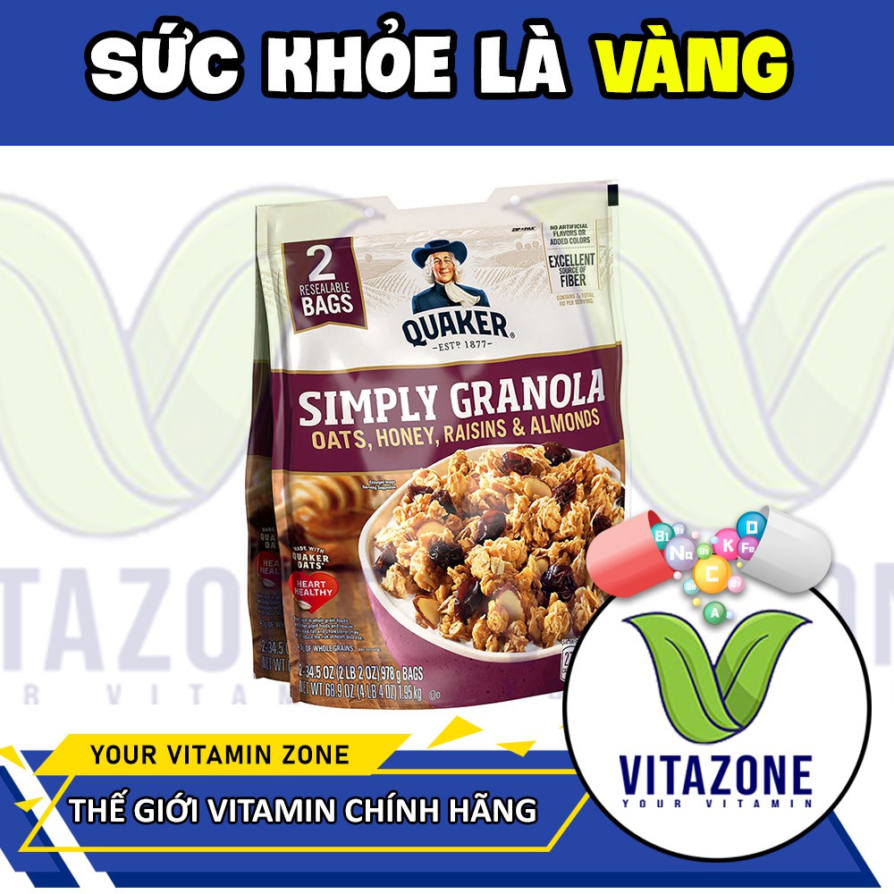 [8/2022] Yến Mạch Quaker Granola  - Yến Mạch Granola Hạnh Nhân, Mật Ong, Nho Khô ăn liền siêu tiện lợi (2 LBS)