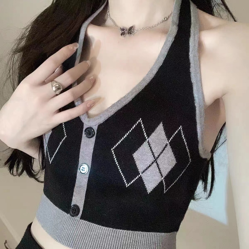 Áo Dệt Kim Sát Nách Dáng Ôm Sọc Ca Rô Màu Sắc Tương Phản Thời Trang Cho Nữ