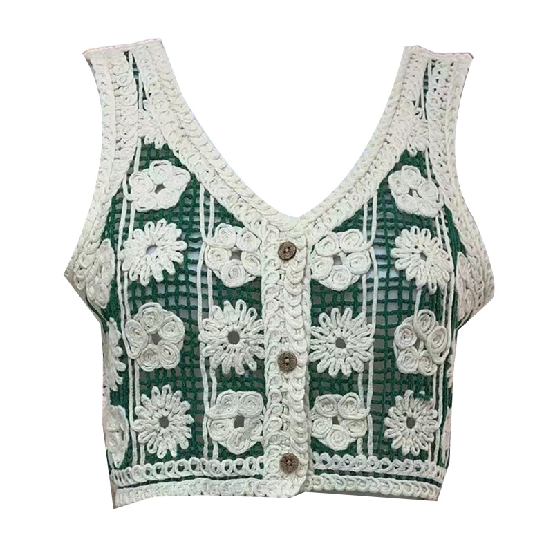 Áo Lửng Đan Móc Không Tay Cổ Chữ V Dáng Rộng Thêu Hoa Phối Nút Thời Trang Cho Nữ