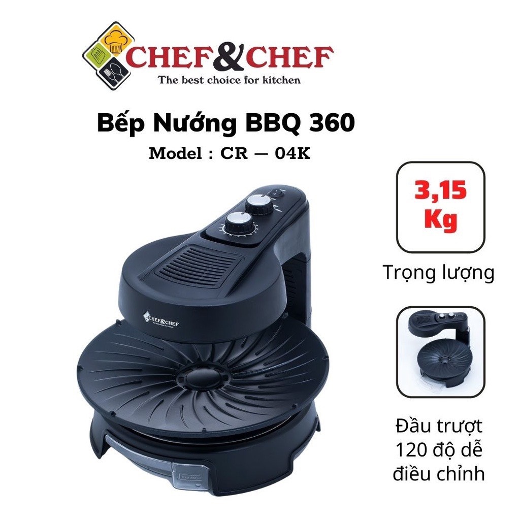 [Mã ELHADEV giảm 4% đơn 300K] BẾP NƯỚNG HALOGEN XOAY CHEF&amp;CHEF CR-04K BBQ KHÔNG KHÓI HÀN QUỐC