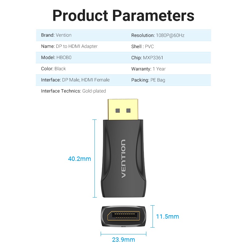 Displayport to hdmi Vention 4K@30Hz/1080P@60Hz đầu chuyển đổi tín hiệu máy tính DP sang màn hình HDMi