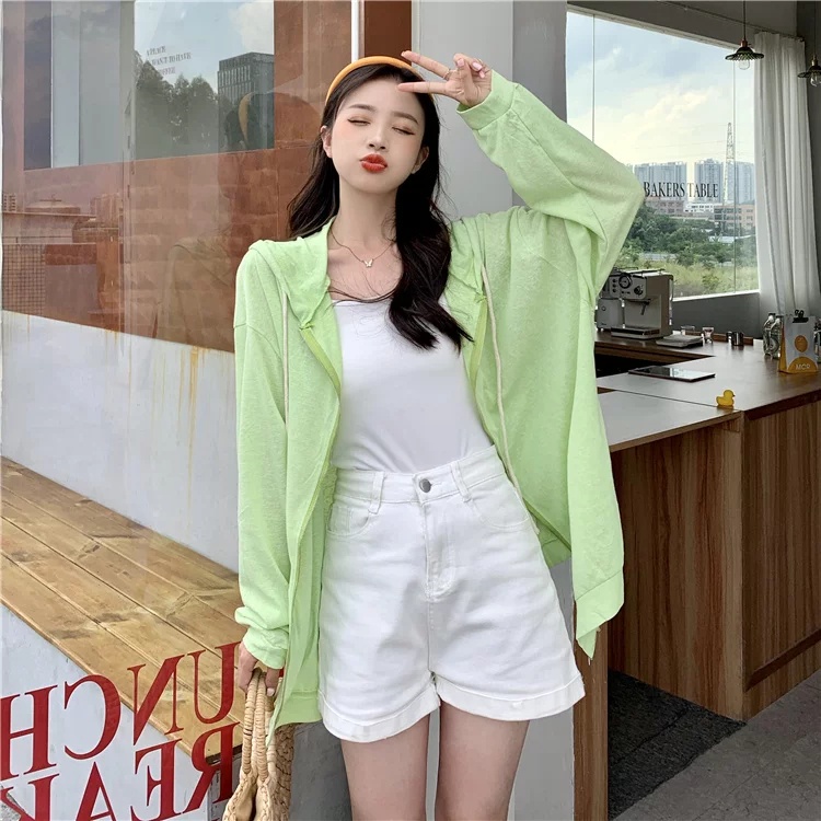 Áo khoác thể thao dáng rộng có mũ trùm và khóa kéo màu trơn thời trang trẻ trung cho nữ