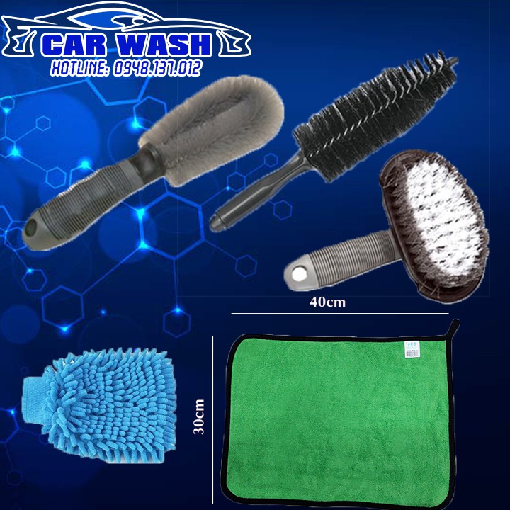 Combo 5 dụng cụ rửa xe chuyên nghiệp gồm cọ và găng tay rửa xe ô tô