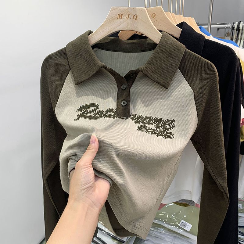 Áo Thun Nữ Tay Dài Cổ polo Màu Trơn Phong Cách Retro