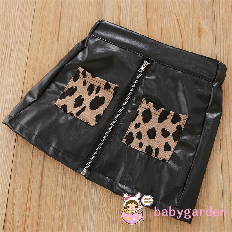 Bộ áo liền quần tay dài cổ tròn in họa tiết da báo + chân váy da PU phối túi có khóa kéo thời trang mùa thu cho bé gái