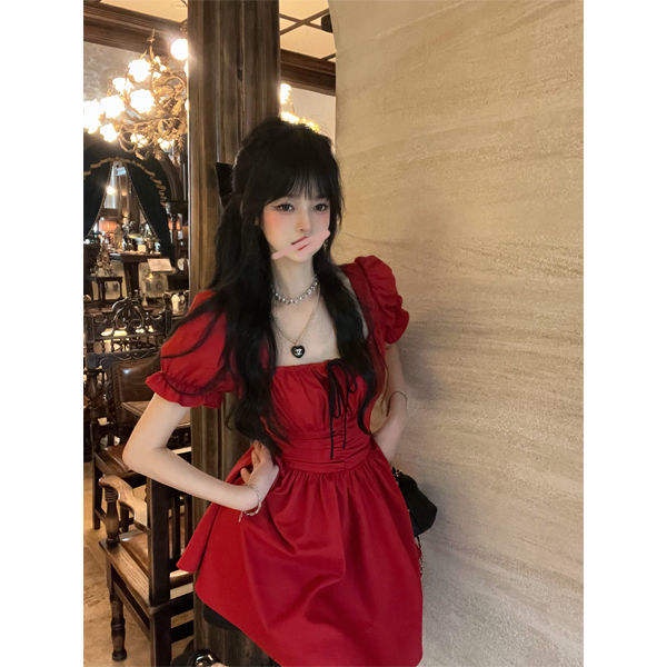 French square-necked tie dress female summer retro spicy girl temperament small red skirt bubble sleeve princess skirt