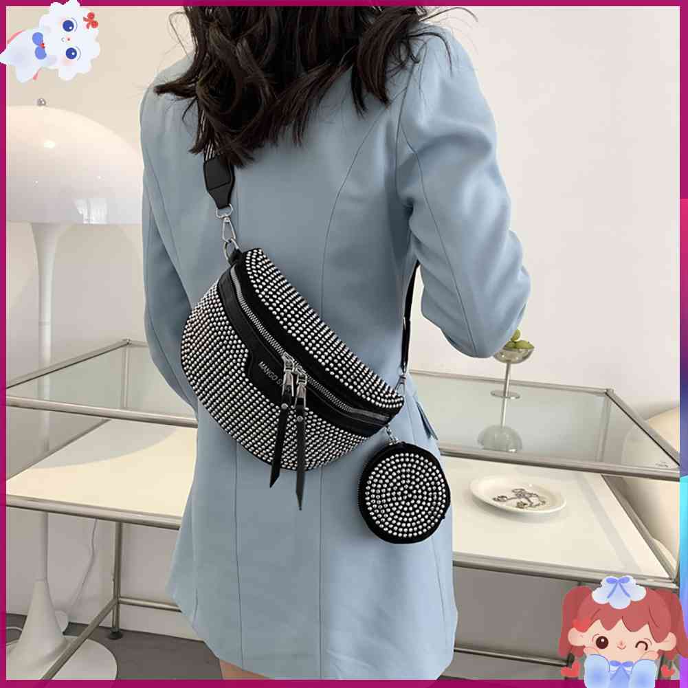 ✿Mars144✿Túi Đeo Chéo Ngực / Thắt Lưng Bằng PU Đính Đá Lấp Lánh Tinh Tế Cho Nữ✿