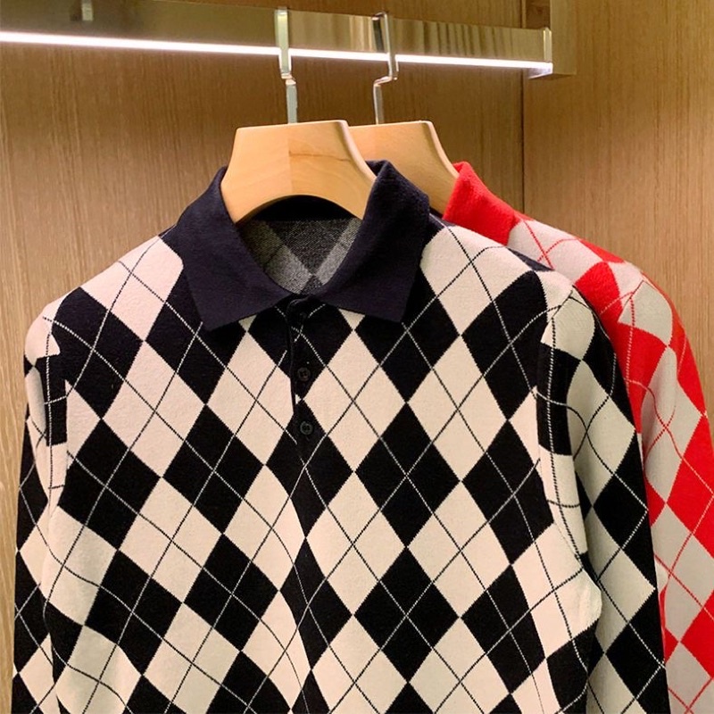 Áo len dài tay nam, áo len nam phong cách Châu Mỹ thiết kế sọc tứ giác sang trọng lịch sự phù hợp với Thu / Đông 2022