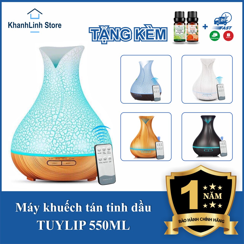 Máy xông tinh dầu, khuếch tán, phun sương Tuylip sang trọng dung tích 550ml tặng kèm tinh dầu - Bảo hành 12 tháng