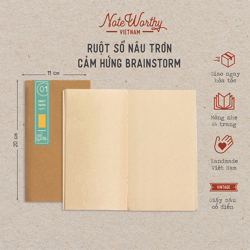 Sổ tay nâu trơn 64 trang 11x20cm bìa mềm mỏng nhẹ bỏ túi dán ảnh - Noteworthy kraft journals