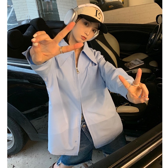 QKOOLE Áo sơ mi  tay dài dáng rộng màu trơn có khóa kéo đôi phong cách Hàn Quốc cho nữ