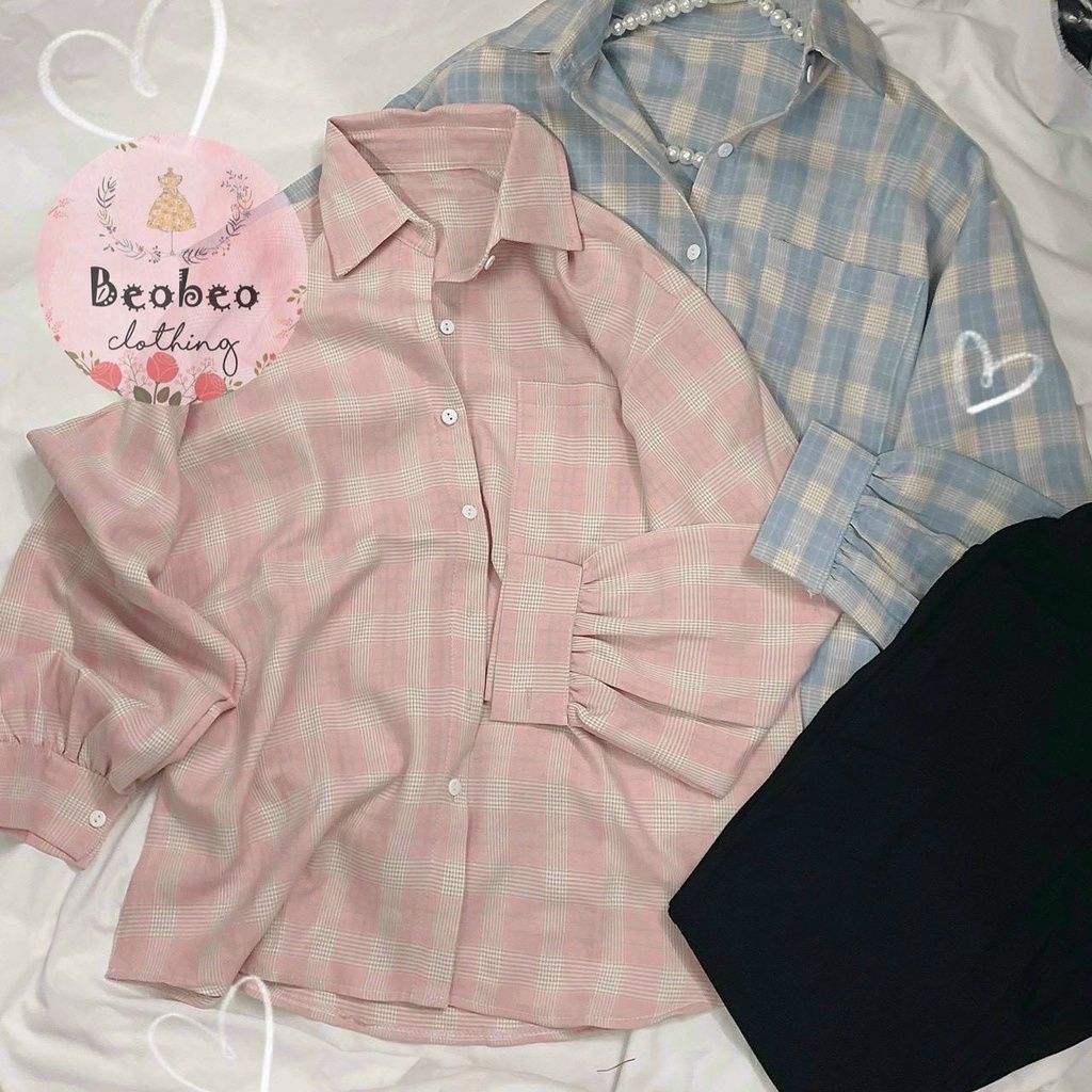 Set áo sơ mi caro pastel tay phồng kèm quần legging ulzzang
