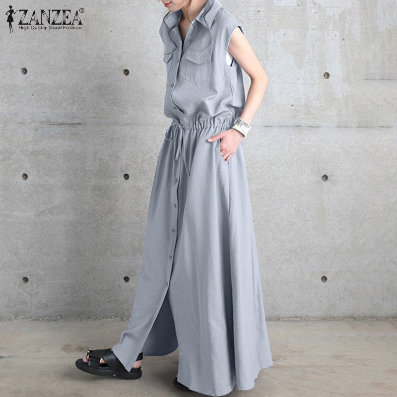 Đầm dài ZANZEA dài dây rút không tay thời trang đường phố mùa hè cho nữ