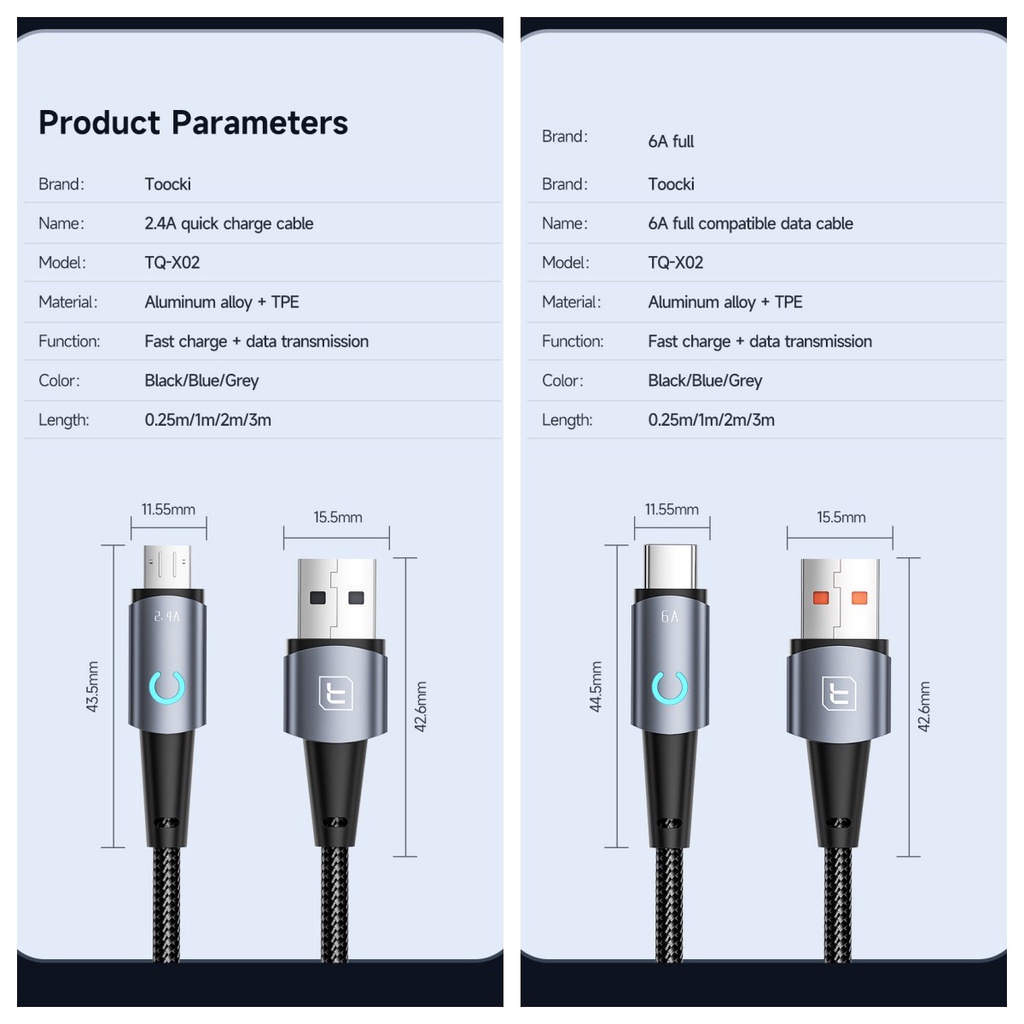 Cáp sạc nhanh TWITCH 66W 6A LED USB Type C 2.4A micro USB-L