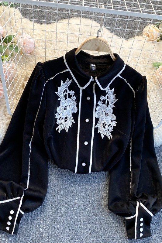 Áo sơ mi thêu áo nữ cách điệu dài tay mùa thu