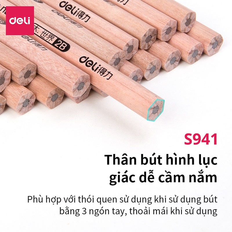 Bút chì lục giác / chì gỗ tam giác Deli S941 - 2B / S943 - HB thân gỗ tự nhiên cho học tập và vẽ mỹ thuật phác thảo