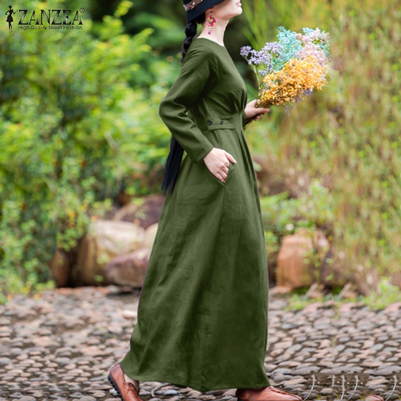Đầm dài ZANZEA màu trơn chiết eo phong cách retro thời trang cho nữ