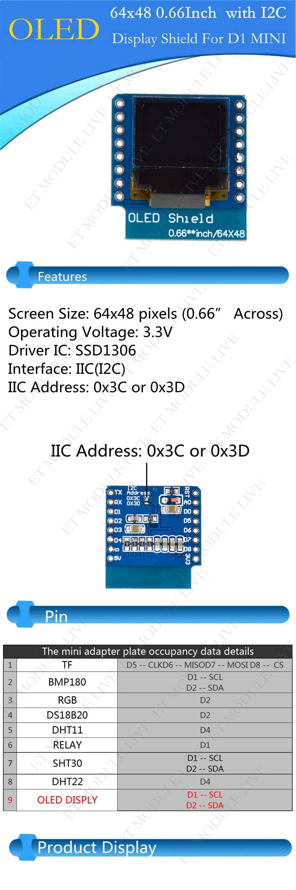 Màn Hình Lcd 0.66 "Inch 64x48 Iic I2C Oled Led 0.66 Inch Cho Wemos D1 Mini Esp32