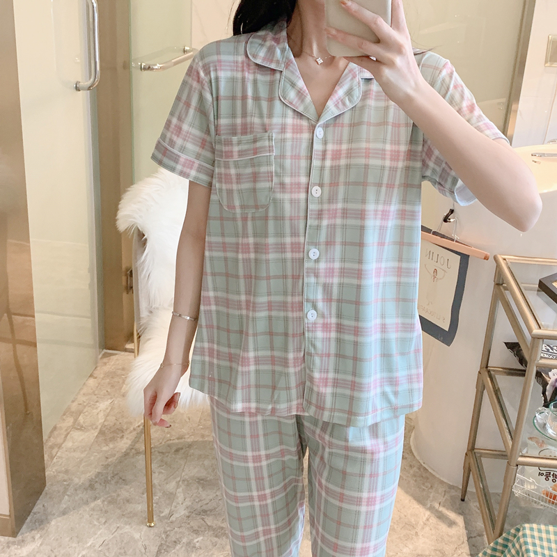 Bộ Đồ Ngủ 2 Món Áo Cardigan Tay Ngắn Phối Quần Short Kẻ Sọc Kiểu Hàn Quốc Dễ Thương