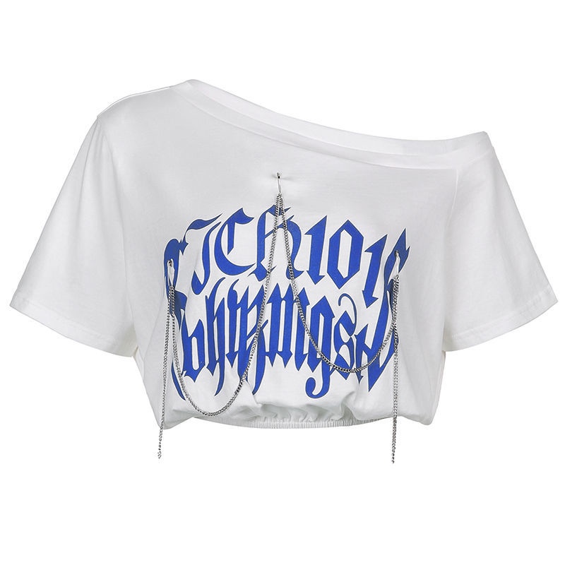 Áo thun COZOKC ngắn tay trễ vai dáng rộng phối dây xích thời trang gợi cảm