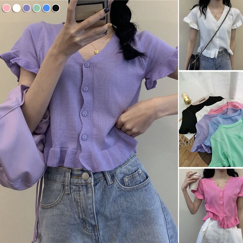 Áo croptop dệt kim tay ngắn cổ chữ v phong cách Hàn Quốc