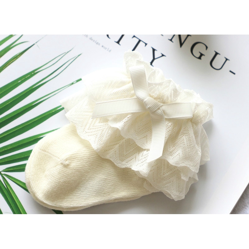 Vớ Cotton Phối Ren Đính Nơ Không Đường May Cho Bé Gái 0-8 Tuổi