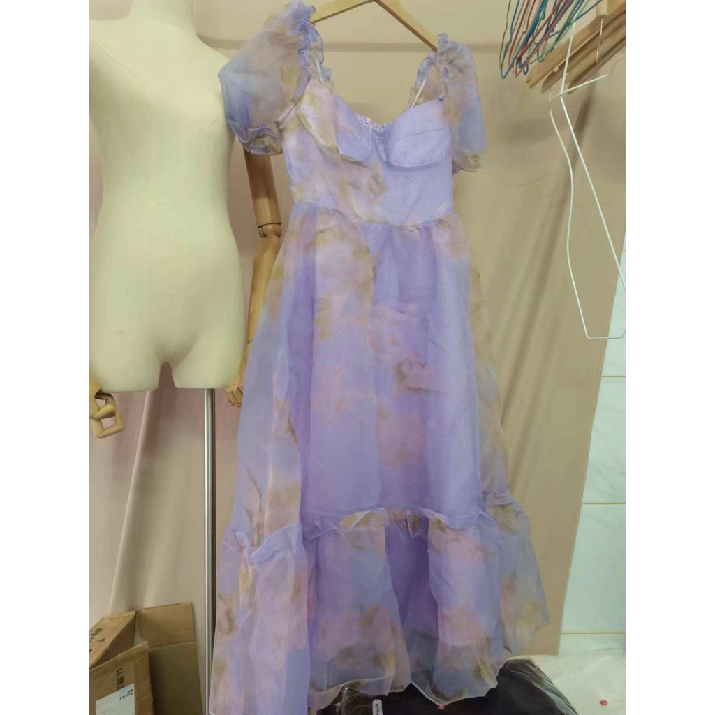 Đầm in hoa tím dài dáng ôm hở lưng thời trang hè thời trang retro Pháp cho nữ