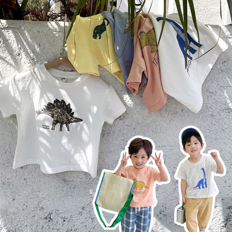 Áo Thun Cotton Tay Ngắn Cổ Tròn In Hình Khủng Long Phong Cách Hàn Quốc Dành Cho Bé Trai