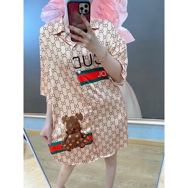 váy ngủ mặc nhà sơmi lụa Quảng Châu cao cấp chó cam