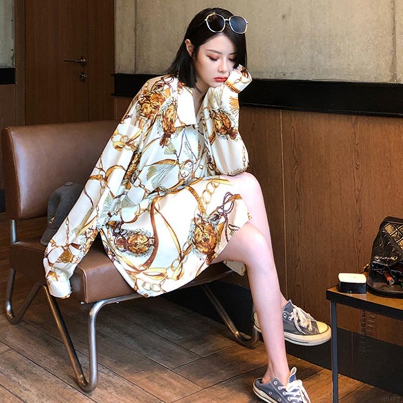 Áo Sơ Mi Nữ Dáng Rộng Tay Dài Họa Tiết Cổ Điển Phong Cách Hàn Quốc