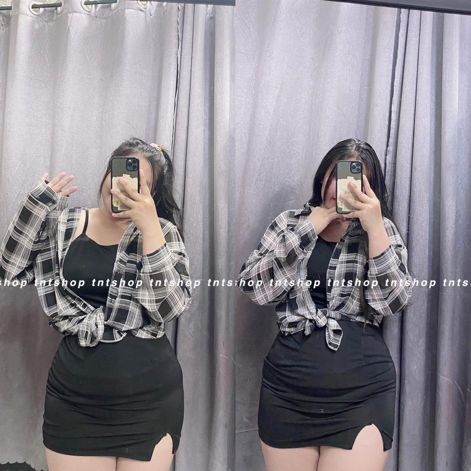 SET ĐẦM BODY 2 DÂY + ÁO SƠ MI SỌC [ TNT SHOP BIGSIZE 60KG 90KG ]