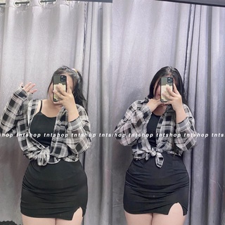 Set đầm body 2 dây + áo sơ mi sọc