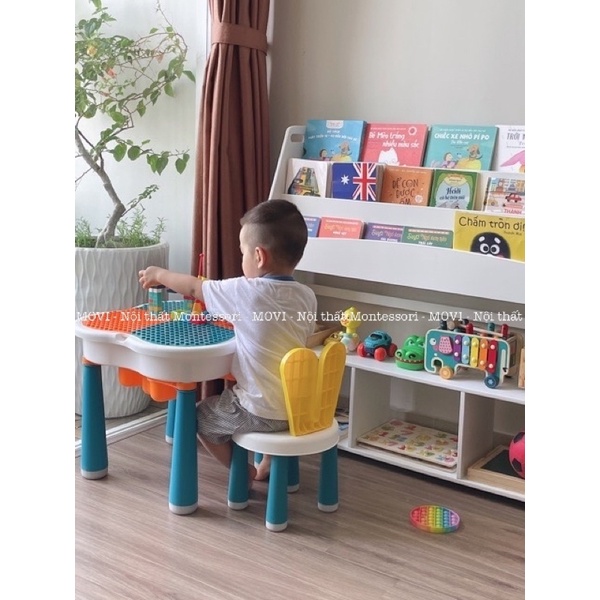 Kệ sách cho bé, kệ đồ chơi, giá sách gỗ 3 tầng, giá sách kết hợp kệ đồ chơi Montessori cho bé KS02