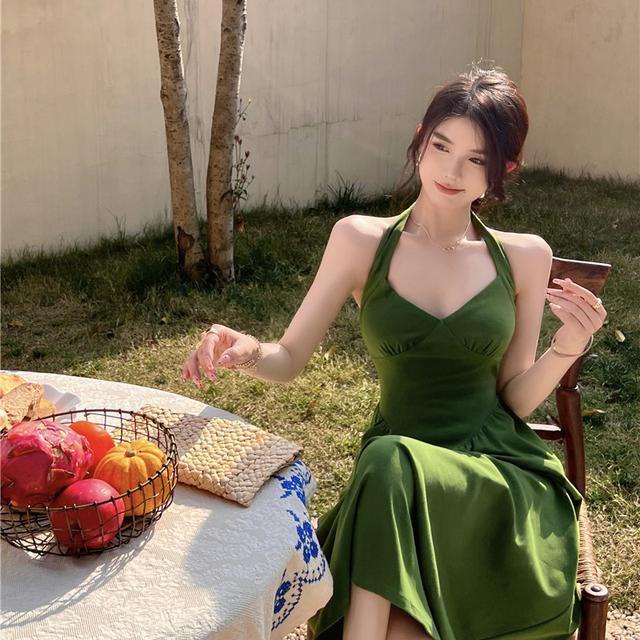 Jiashucheng Đầm Xòe Dài Không Tay Lưng Cao Cổ Điển Màu Xanh Lá Mùa Xuân Kích Thước Lớn Cho Nữ Đi Nghỉ Mát