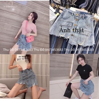 Quần sooc bò giả váy vạt lệch hình thật