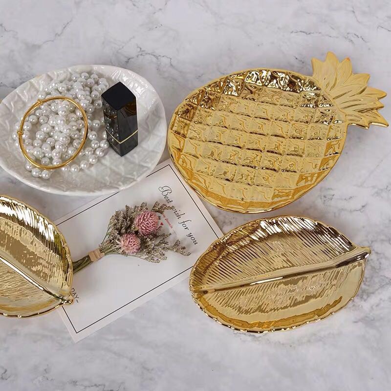 Decorative Gold Leaf Ceramic Plate Dish Porcelain Candy Trinket Dish