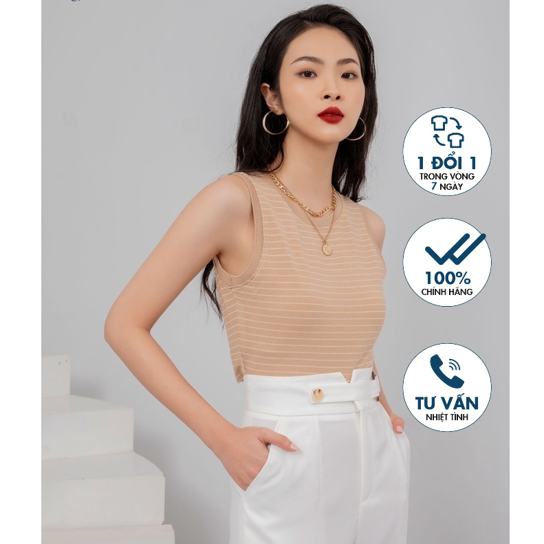 Áo len mỏng cổ tròn không tay kẻ ngang Emspo ATS0525