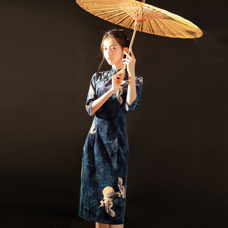 Improved cheongsam dress improved cheongsam cheongsam large size improved cheongsam dress 2022 new modified cheongsam Republic of China retro high-end elegant slimming spring and autumn summer mid-length dress for mothers zAcN