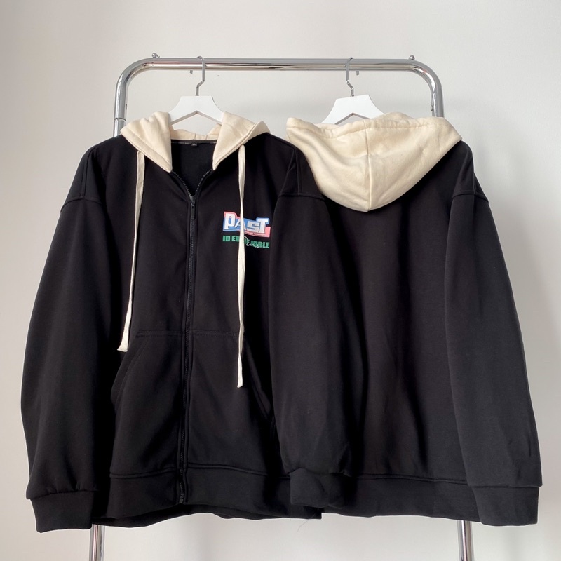 Áo Khoác Hoodie Phối Zip Unisex PAST Vải Nỉ Bông màu NÂU/ĐEN/XANH NAVY 🖤 Nam nữ unisex 🖤 Áo hoodie dây kéo Form Rộng