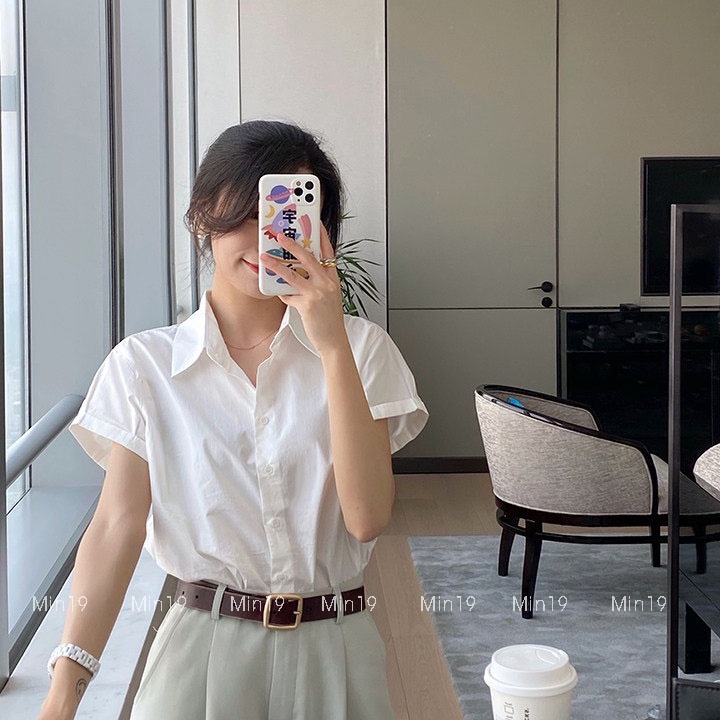 Áo Sơ Mi Nữ Tay Ngắn Công Sở Hàn Quốc Form Rộng Oversize Họa Tiết Trơn Công Sở Đi Học Đi Chơi Màu Trắng Thời Trang