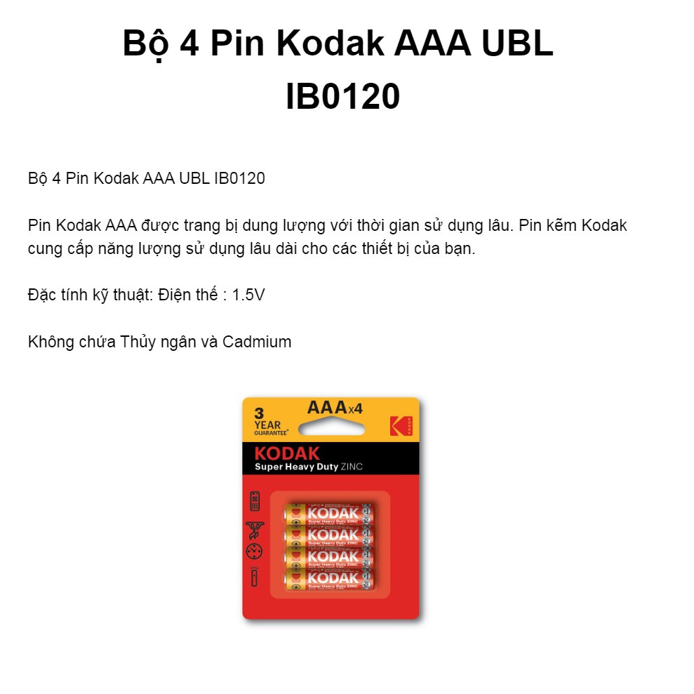 Bộ 4 Pin tiểu Kodak Alkaline AAA điện thế 1.5V Uncle Bills IB0120 chính hãng siêu bền remote TV máy lạnh đồ chơi trẻ em