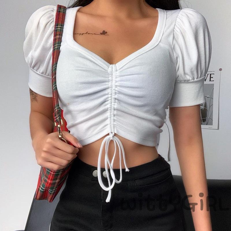W[]-Summer Sexy V-Neck T-shirt Women Crop Tops Solid Drawstring Tee | BigBuy360 - bigbuy360.vn