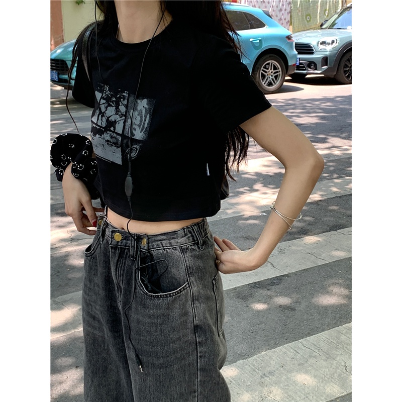 Áo thun XIAOZHAINV tay ngắn dáng ôm phong cách retro Hàn Quốc cho nữ