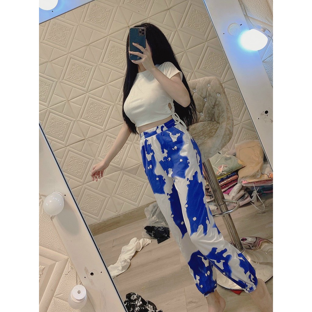 Sét bộ áo croptop khoét eo cột dây phối quần dài loang bo ống cực xinh , chất thun bozip dày dặn ( ảnh thật )